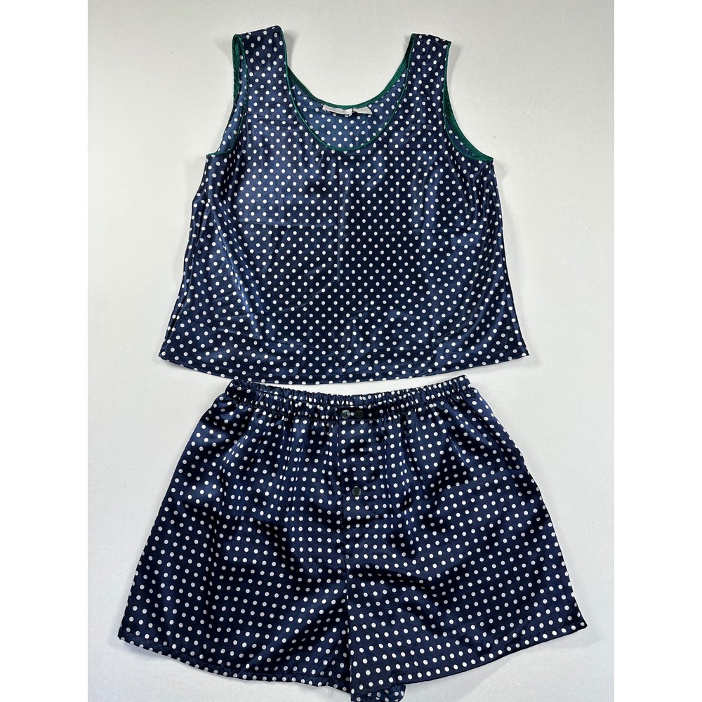 Vintage Go Softly Satin Pajama 2 Piece Set Sz‎ L Blue Polka Dot Tank Top Shorts